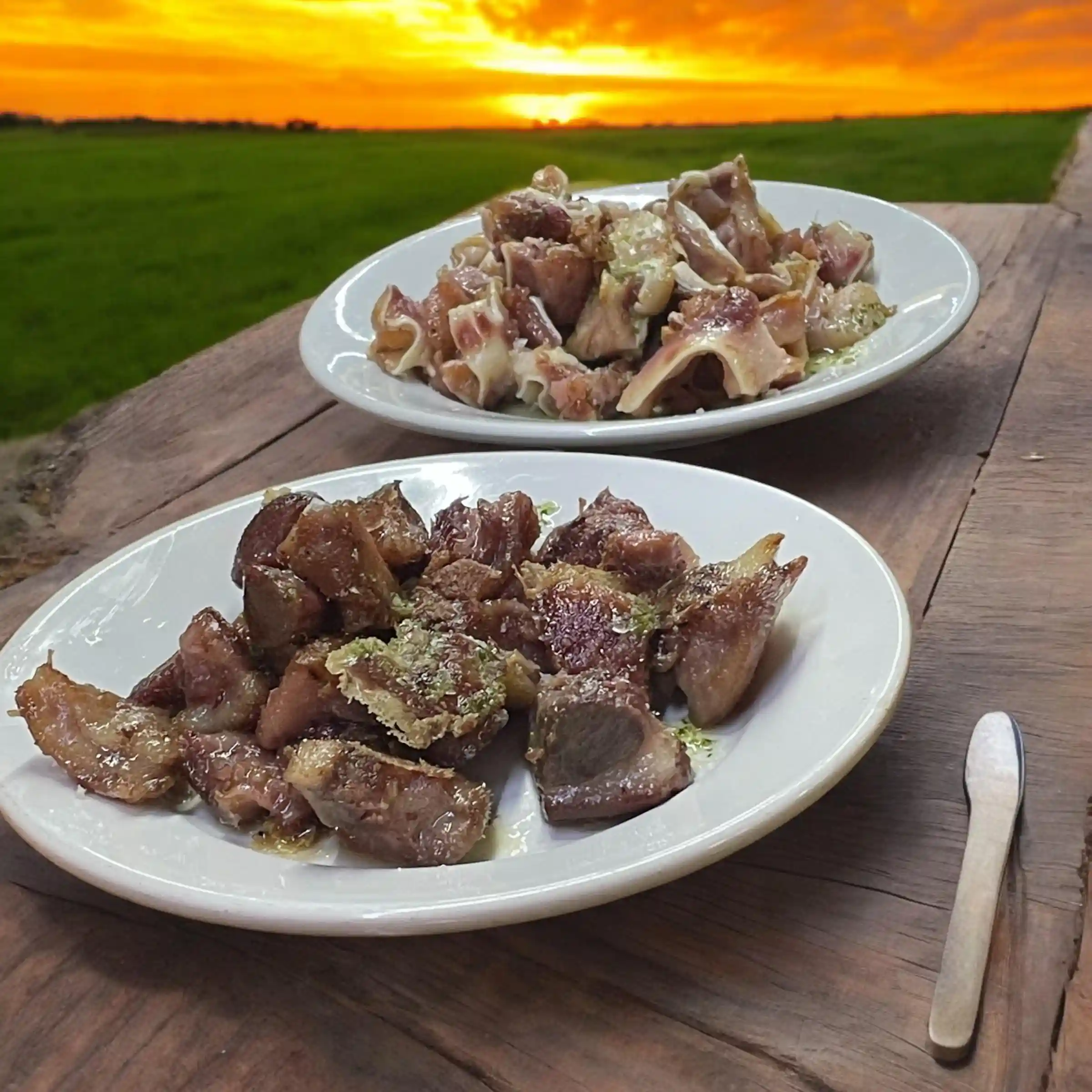 Platos de carne y verduras al aire libre en el Restaurante Asador Los Toneles.